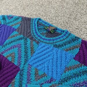 VTG Colours By Alexander Julian Sweater Mens M Blue Purple Geometric Knit 90s